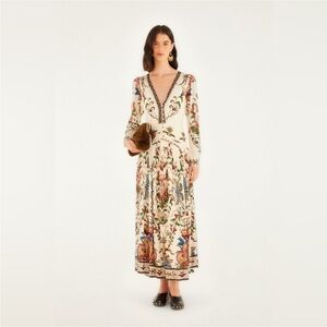 Farm Rio: Cream Majestic Hearts Long Sleeve Midi Dress